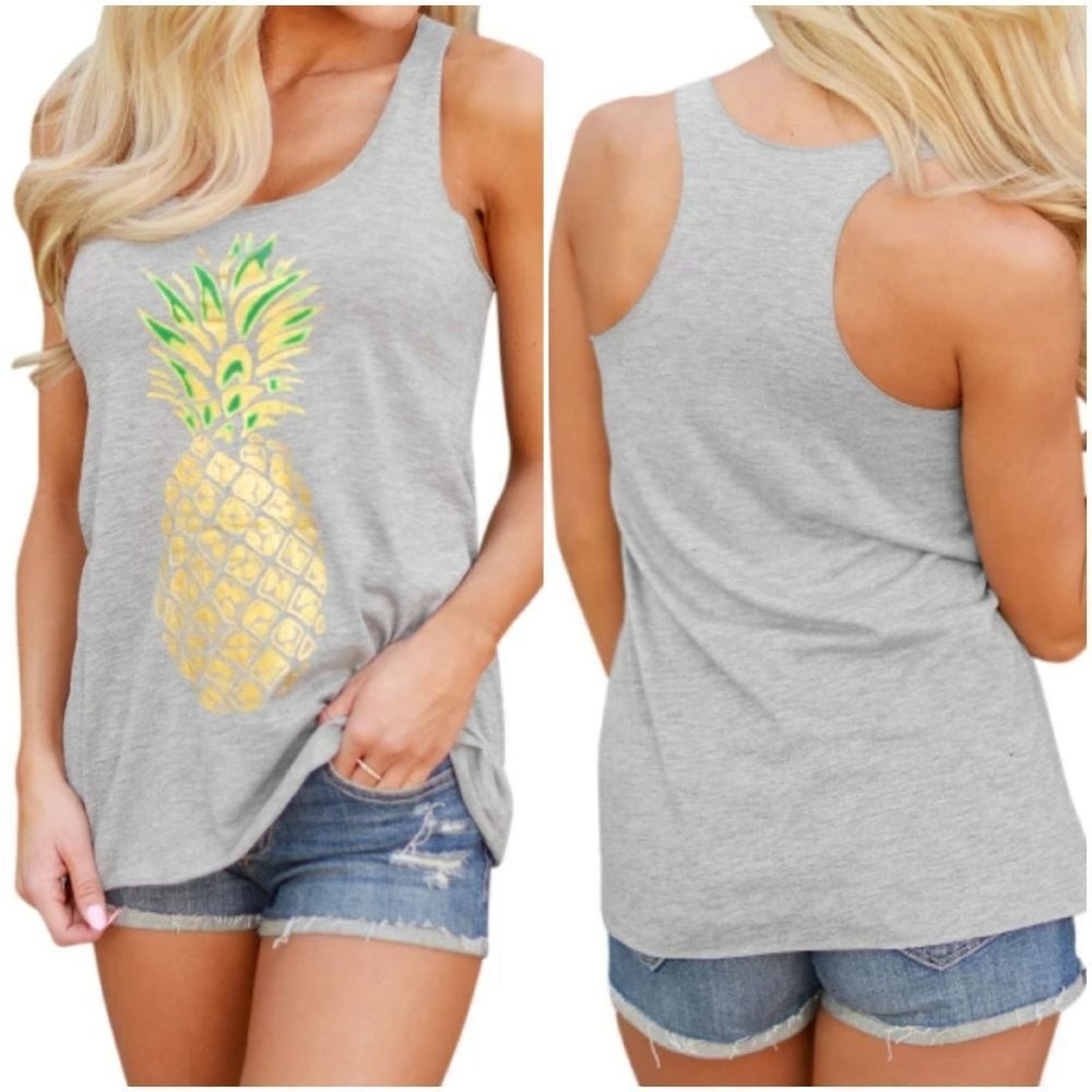 🔸️Gray Racerback w/Metallic Gold Graphic Pineapple Sleeveless Top Medium